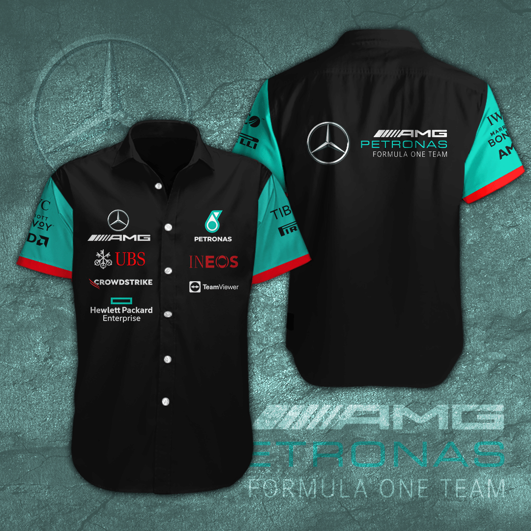 Mercedes Amg Petronas F1 Team Pirelli Ineos Ubs All Over Print 3D Short Sleeve Dress Shirt Hawaiian Summer Aloha Beach Shirt – Black/White/Navy