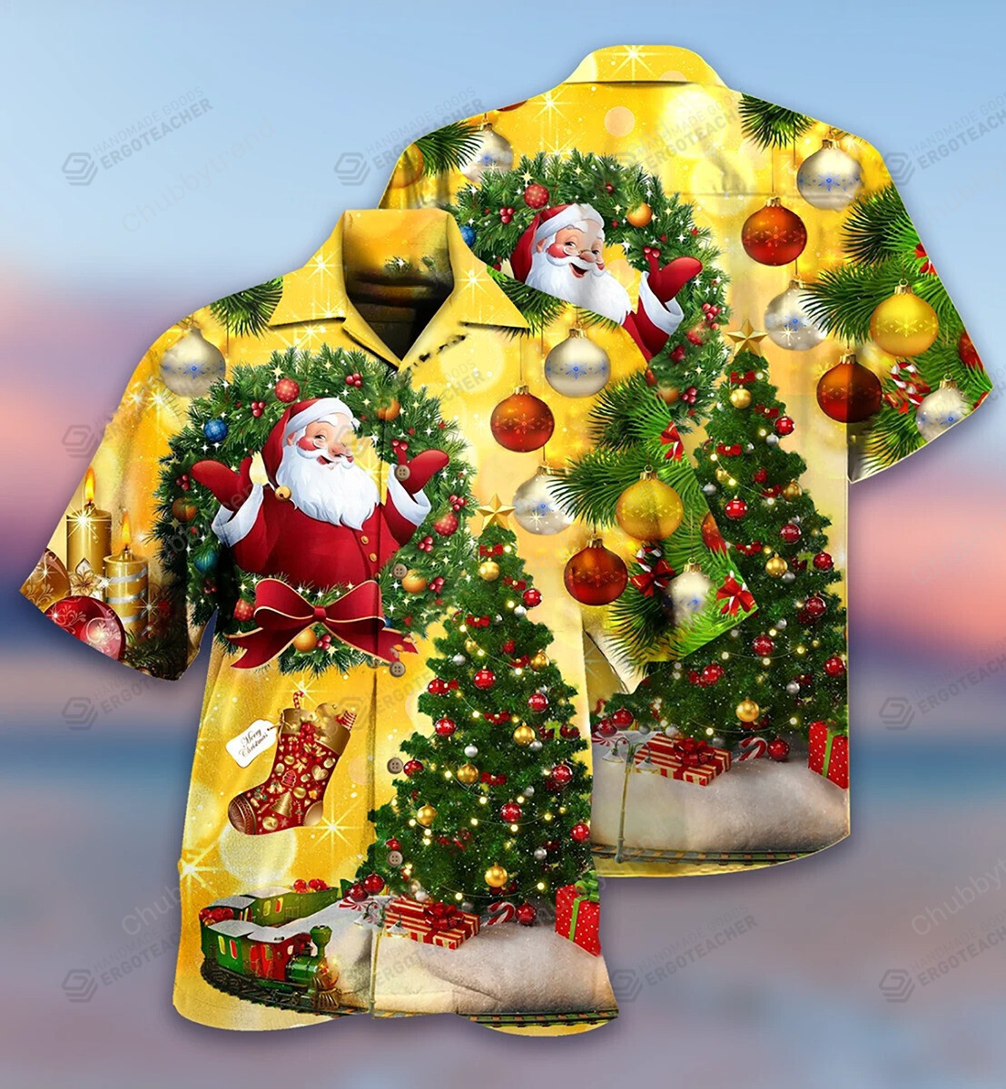 Santa Christmas Tree Yellow Hawaii Shirt Ha24115