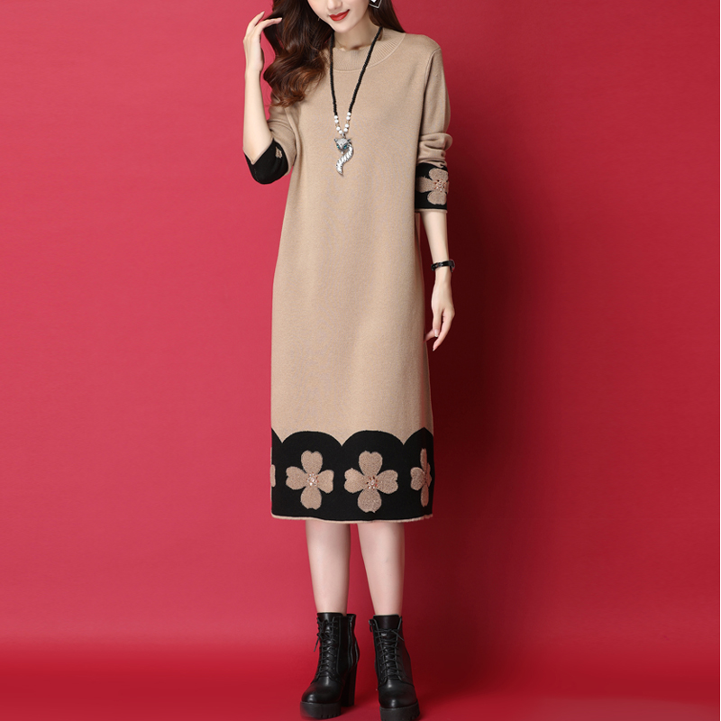 Women Knit Dress O-Neck Loose Autumn Winter Flower Casual Elegant All-match Basis Straight Sweater Midi Dress Ladies Vestidos alx