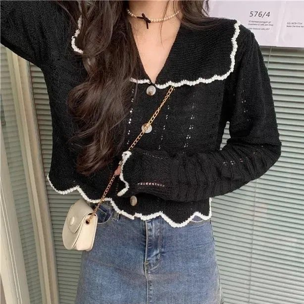 Cardigan Women Peter Pan Collar Crops Popular Knitted Simple Aesthetic Autumn Sweet Style Hollow Out Casual Ins Harajuku Sweater alx