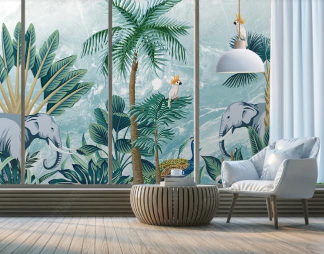 3D Northern Europe Hand-Painted  Tropics Plant Forest Elephant Wall Mural Wallpaper Sww1947