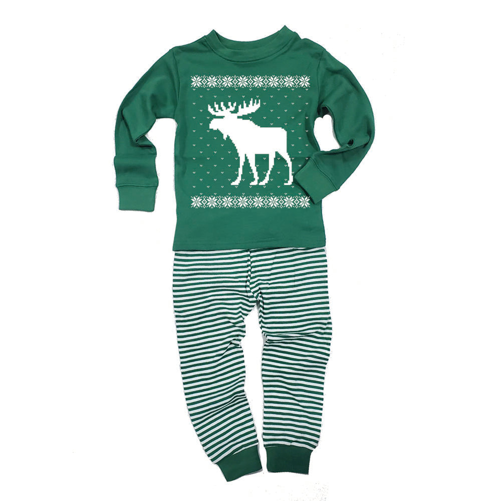 Big Moose Ugly Christmas Sweater Toddler Long Sleeve Top Striped Pants Pajama Set