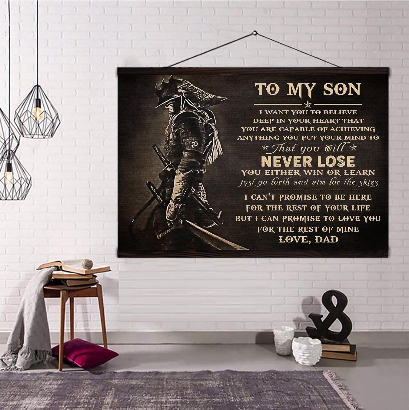 Poster for Room Aesthetic – Command Strips Wall Decor – Qh75 Samurai Canvas with The Wood Frame – Dad to Son – Never Lose