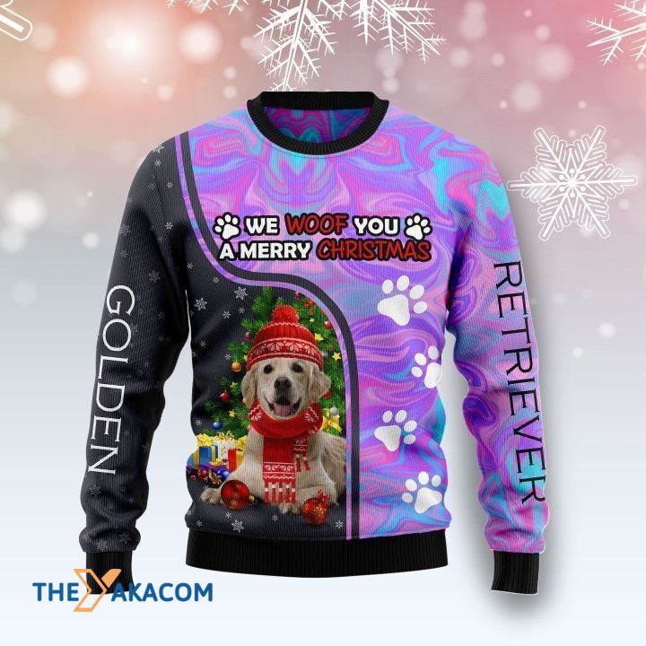 Warm Golden Retriever Dog Hologram We Woof You A Merry Christmas Gift For Christmas Ugly Christmas Sweater