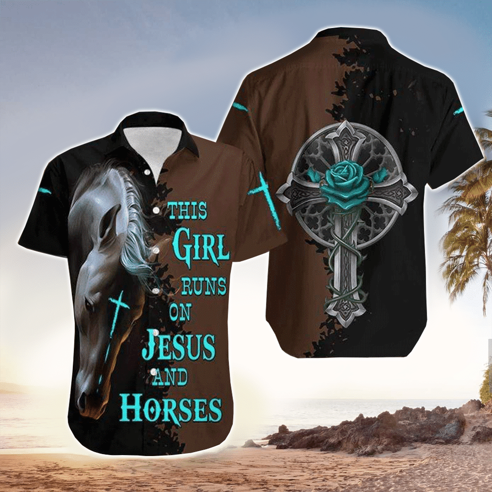 This Girl Runs On Jesus And Horse Black Brown Hawaii Shirt Aloha Ha84651