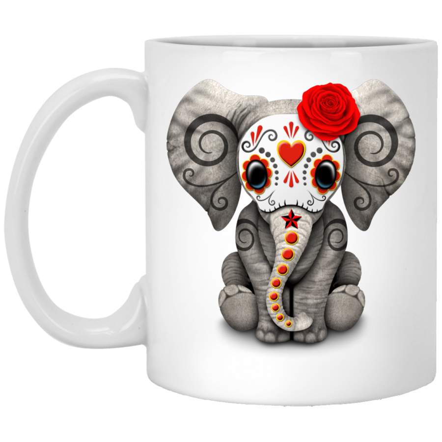 Red Day of the Dead Sugar Skull Baby Elephant Mug 11 oz. White Mug