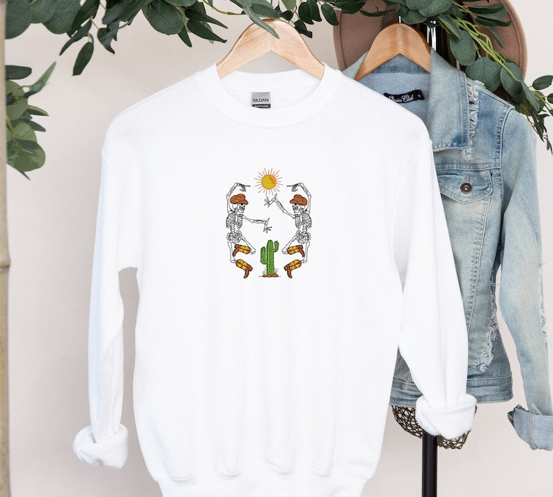 Dancing Skeleton Halloween Embroidered Sweatshirt 2D Crewneck Sweatshirt All Over Print Sweatshirt For Women Sweatshirt For Men Sws3905