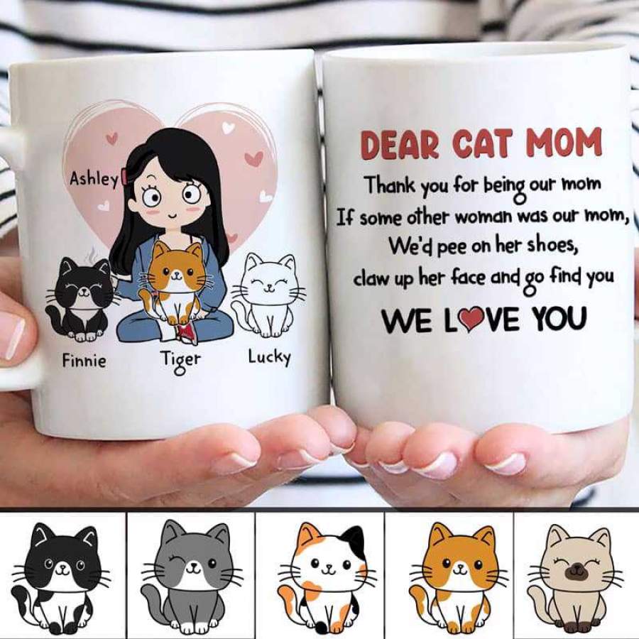 Dear Cat Mom Chibi Girl and Sitting Cat Personalized Coffee Mug