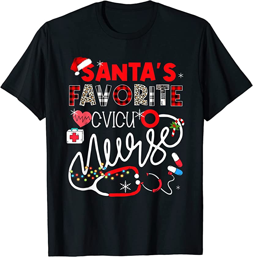 Santa’s Favorite CVICU Nurse Xmas Lights Leopard Plaid T-Shirt