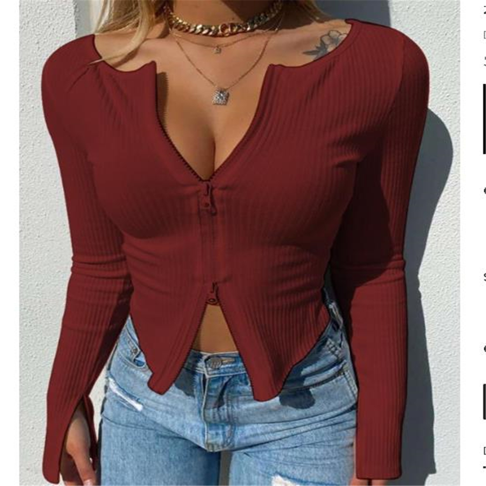 Women Front Zipper Ribbed Crop Top Autumn Solid Zip Long Sleeve V Neck Tight Knitwear Shirts Tops Jacket Ribbed Knit Sweaters alx