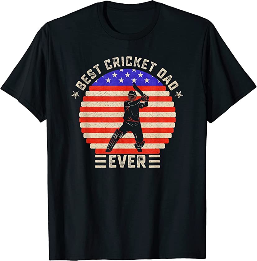 Vintage Retro Flag Best Cricket Dad Ever Silhouette Sunset T-Shirt