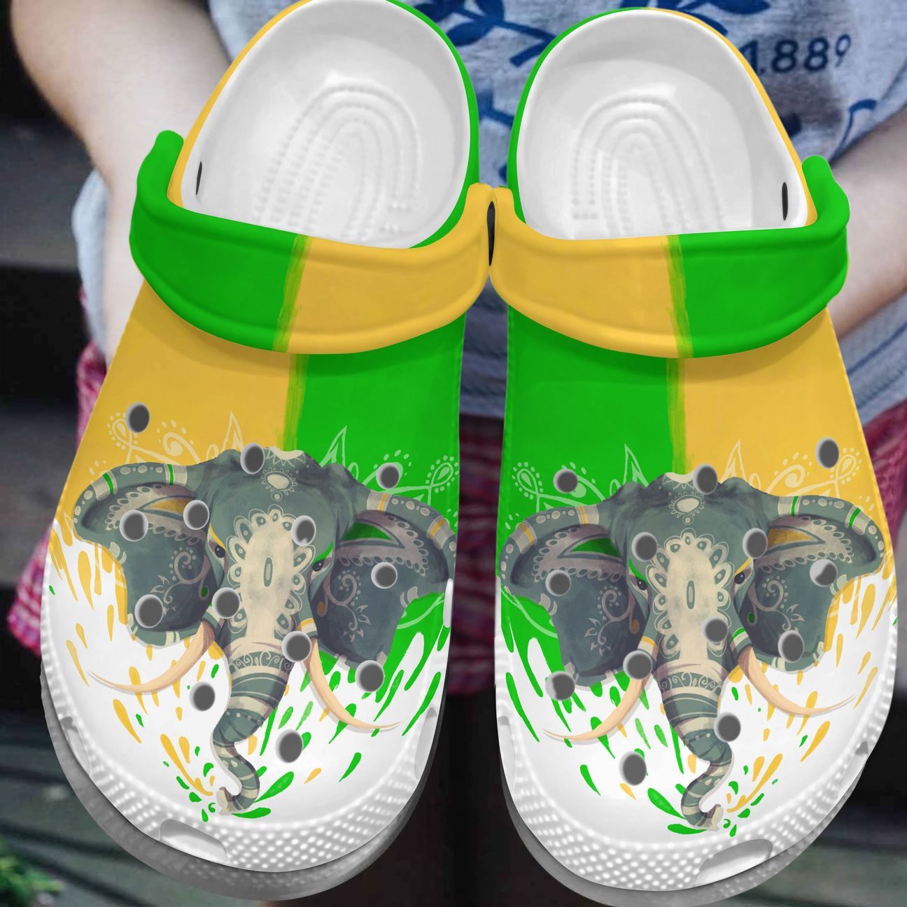 Elephant Personalized Clog, Custom Name, Text, Color, Number Fashion Style For Women, Men, Kid, Print 3D Green And Yellow