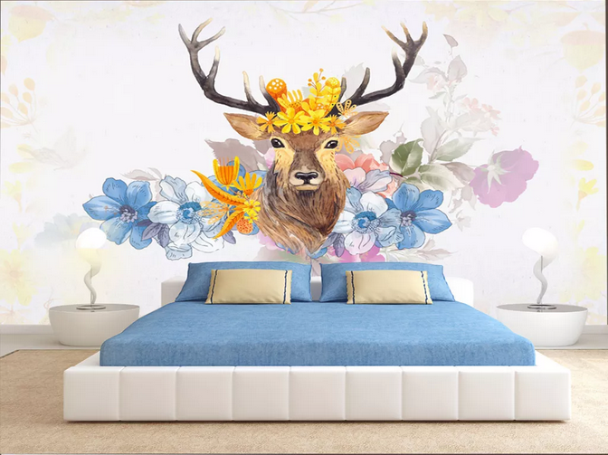 3D Hand Drawn Animal Elk Floral Wall Mural Wallpaper Lqh 361