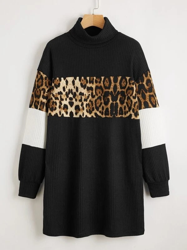 Women High Neck Leopard Panel Colorblock Tee Dress