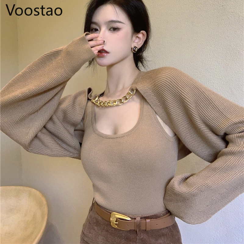 Spring Autumn Y2K Slim Tops Women Lantern Sleeve Knitted Chain Crop Cardigan Female Sexy Designer Sweater Vest Matching Sets alx