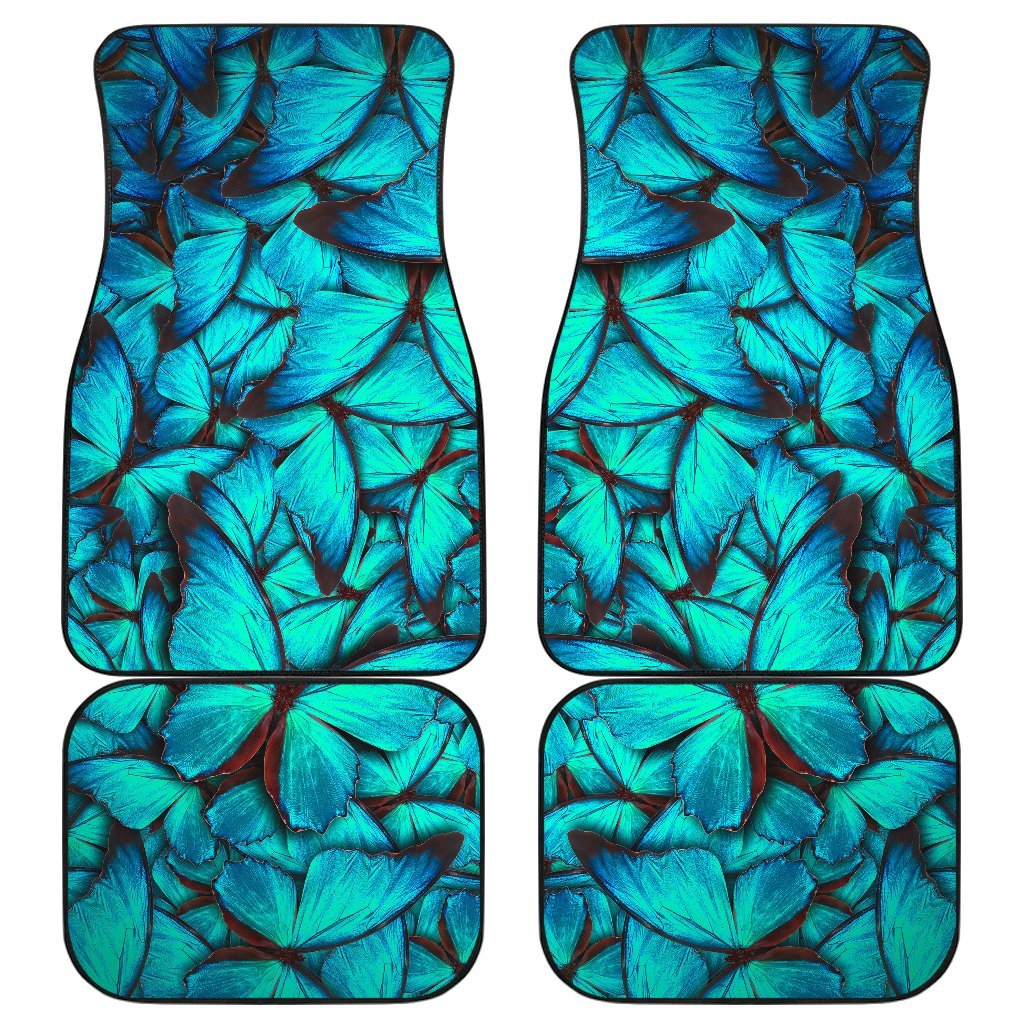 Turquoise Butterfly Pattern Print Front And Back Car Floor Mats, Front Car Mat