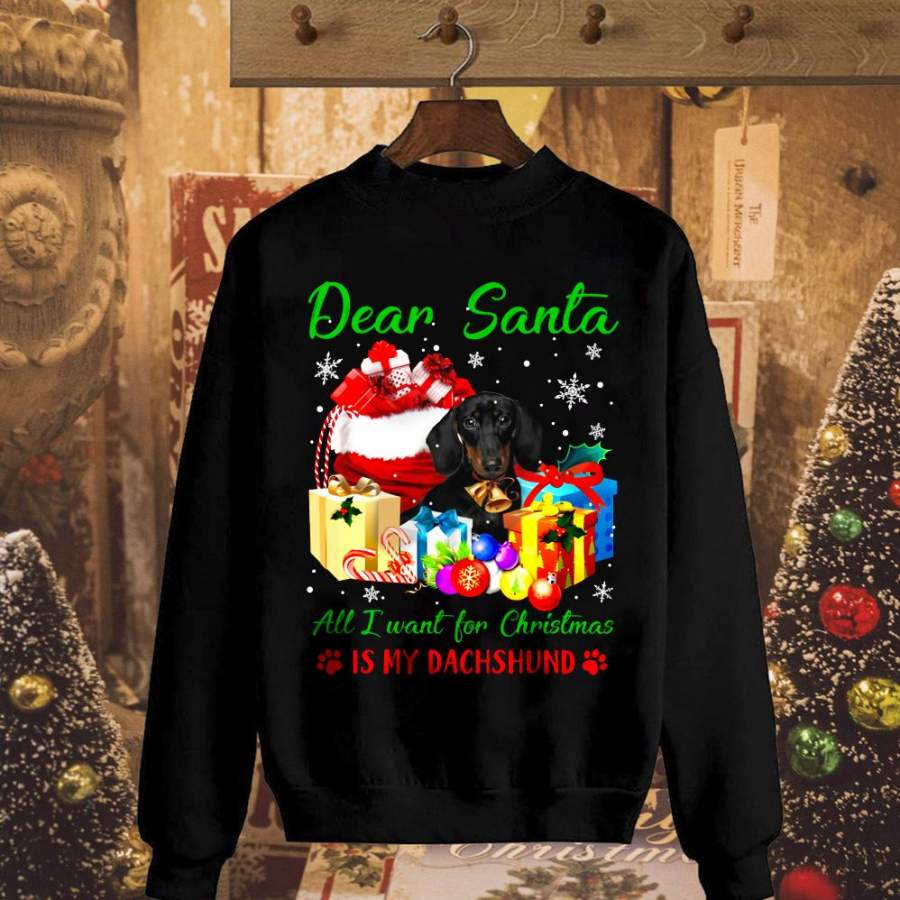 Dachshund all i want for christmas is my dachshund candy cane gift snow ornament black sweatshirt for men and women S-5XL