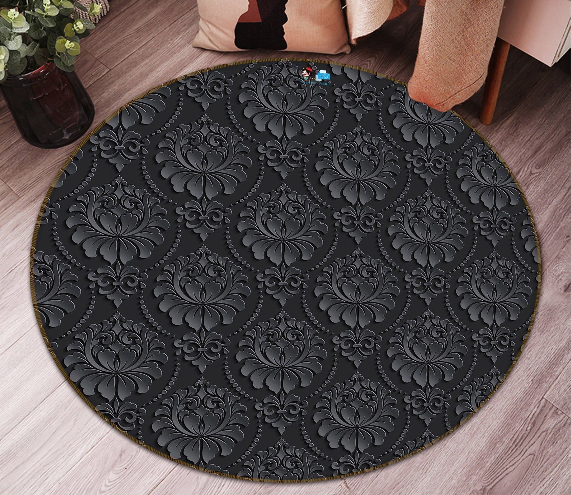 3D Black Flower Pattern 94 Round Rug – Round Carpet Home Decor