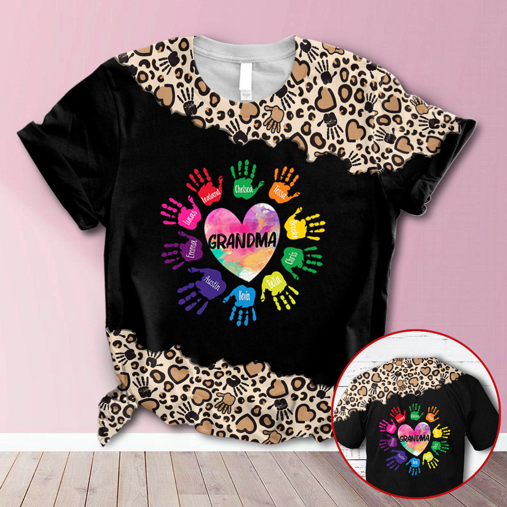 Personalized Grandma Flower Handprints Leopard All Over Print Shirts, 3D Hoodie, Sweatshirt, Shirt And Polo For Grandma Hn98 Trhn