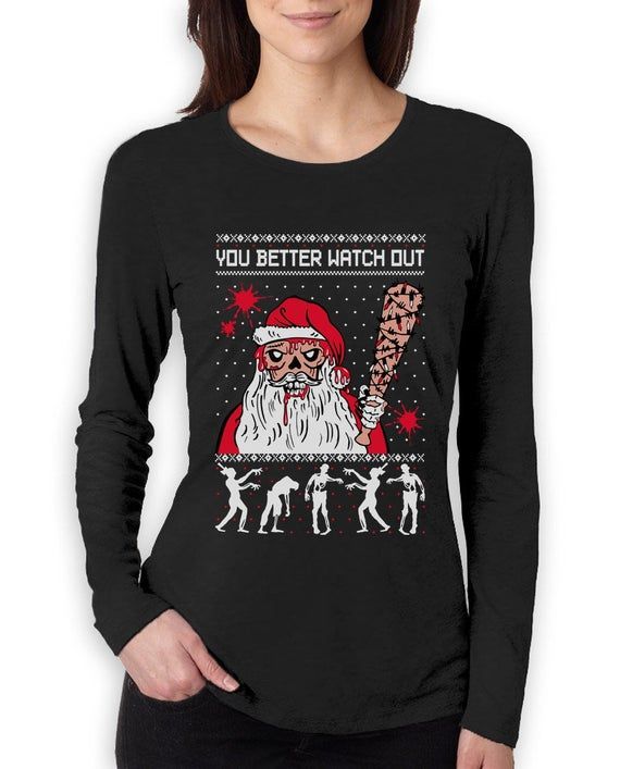 Ugly Christmas Sweater Zombie Walker Scary Dead Santa Women Long Sleeve T Shirt