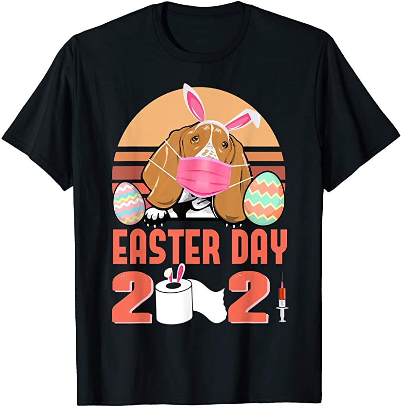 Basset Hound Dog Face Mask Bunny Egg Easter Day 2021 T-Shirt