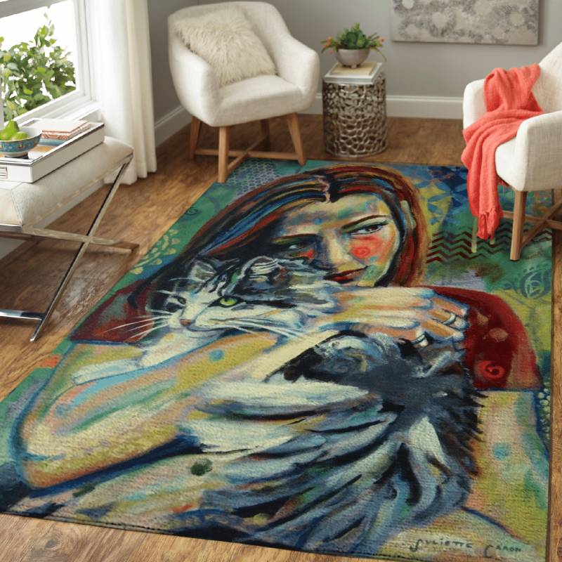 Girl With Cat 2 – Animals Area Rug Carpet