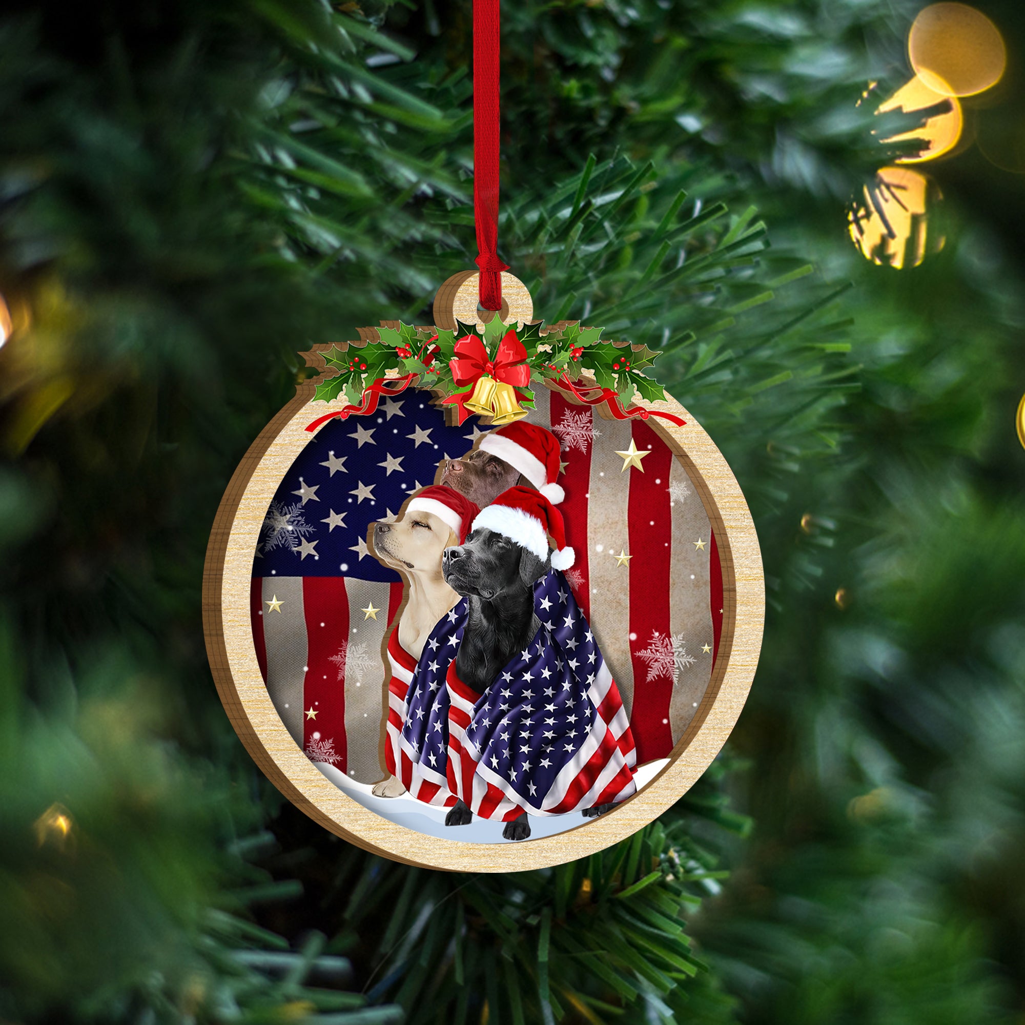 Labrador Retriever Puppy American Flag 3 Layered Wooden Ornament, Christmas Gift Decoration For Dog Lovers