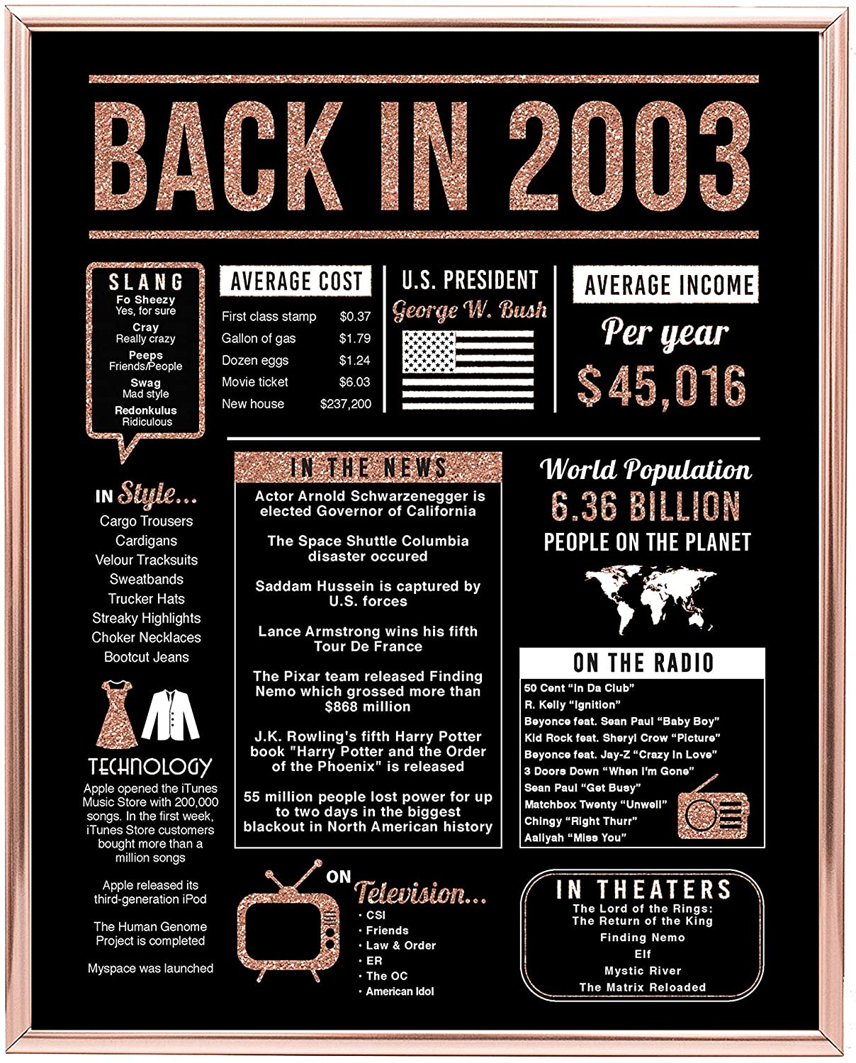 Back In 2003 Hot Events Poster Rose Gold Art Birthday Gifts 17 Year Olds 17Th Anniversary Home Decor Rose Gold Gift For Man Woman Canvas