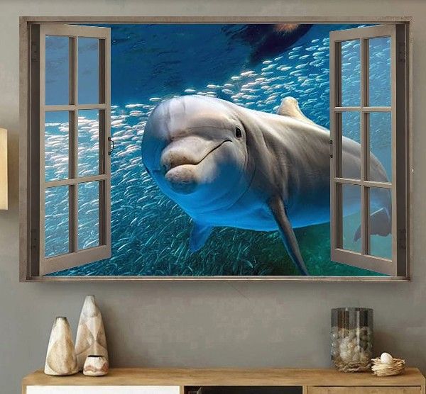 Dolphin Vinyl Behind Window Home Living Room Wall Decor Horizontal Poster Canvas G95