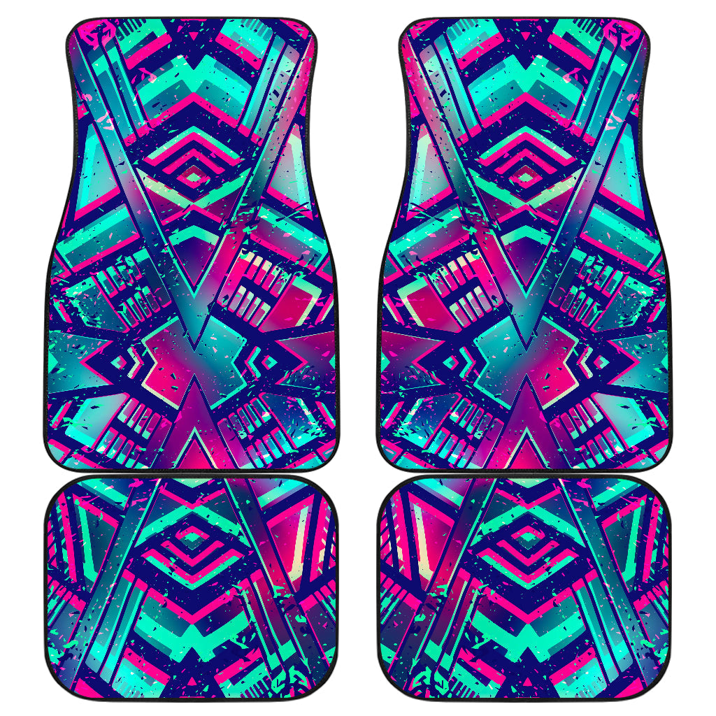 Neon Ethnic Aztec Trippy Print Front And Back Car Floor Mats, Front Car Mat