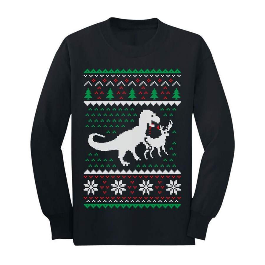 Ugly Christmas Sweater T-Rex VS Reindeer Funny Gift Toddler/Kids Long sleeve T-Shirt