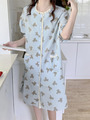 Blue Cartoon Print Summer Nightgown Women Bear Plaid Sleepwear Knee-Length Cotton Kawaii Night Dress Kawaii Homewear alx