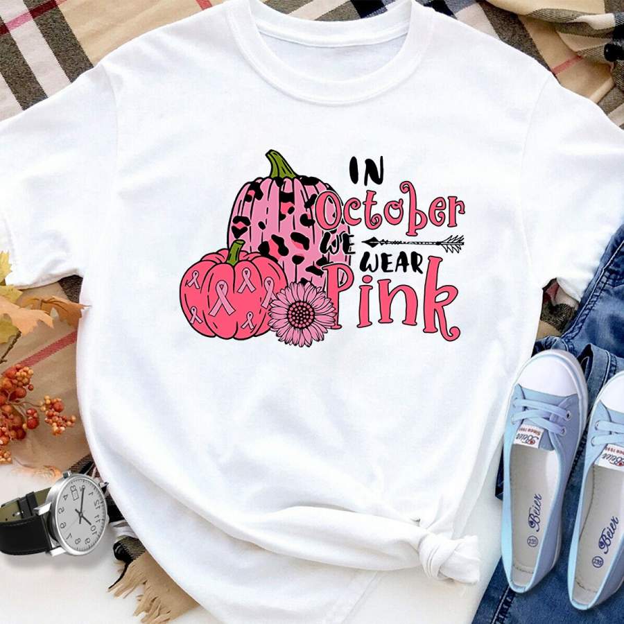 Pink Leopard Pumpkin In October We Wear Pink Breast Cancer Awareness Halloween Gift White Cotton T Shirt For Men and Women S-6XL