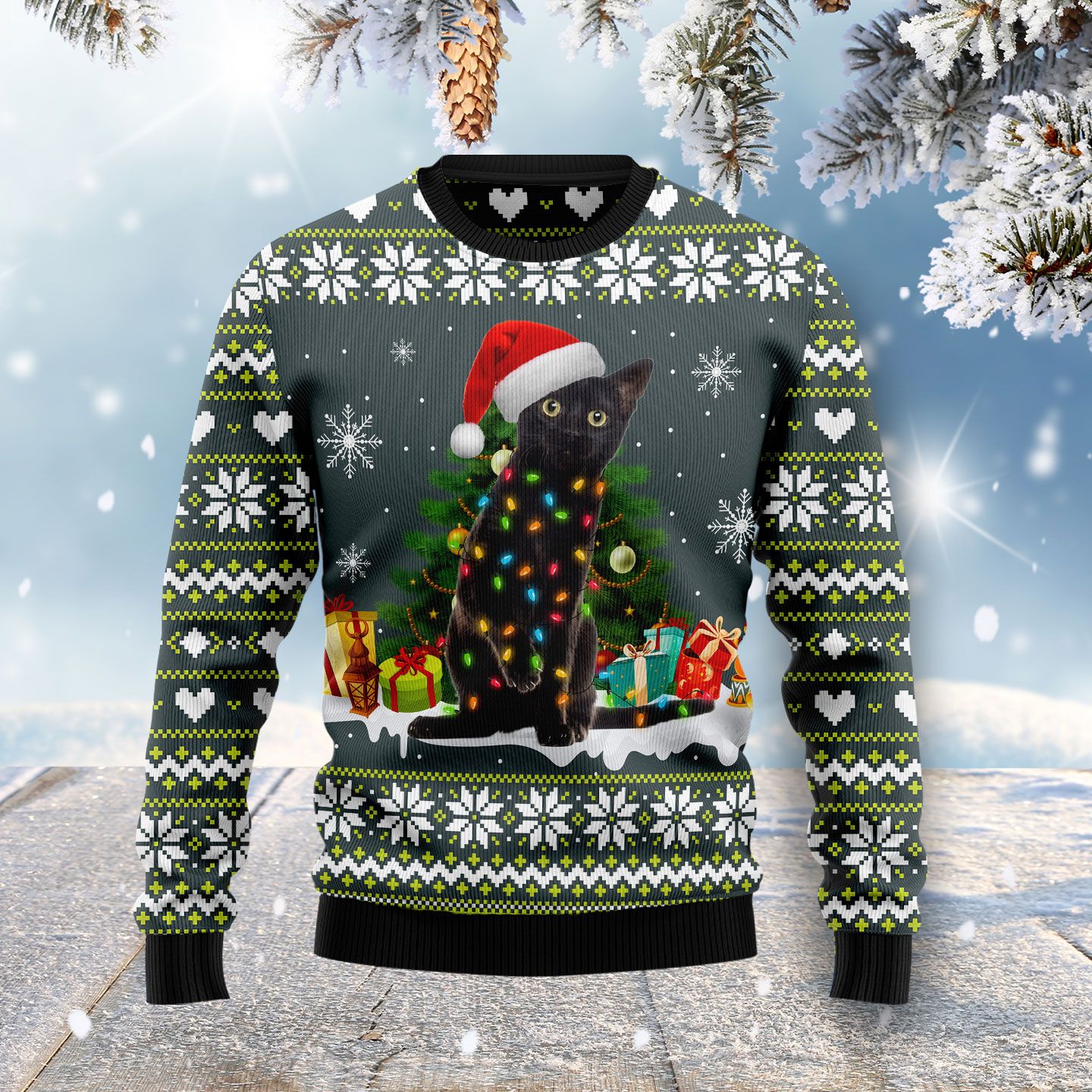 Black Cat Merry And Bright Ugly Christmas Sweater | For Men & Women | Adult | Us5087