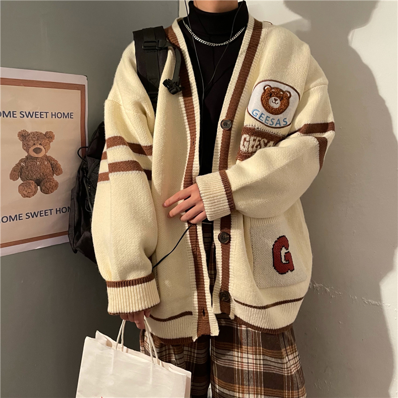 ZAZOMDE Autumn Men Knitted Cardigan Sweaters Winter Clothes Bear Embroidery Button-down Oversized Coat Harajuku Jackets Sweater alx