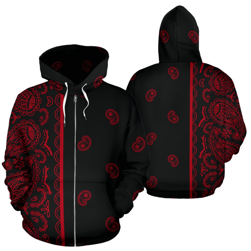 Asymmetrical Black and Red Bandana Zip Hoodie – Sothwarm