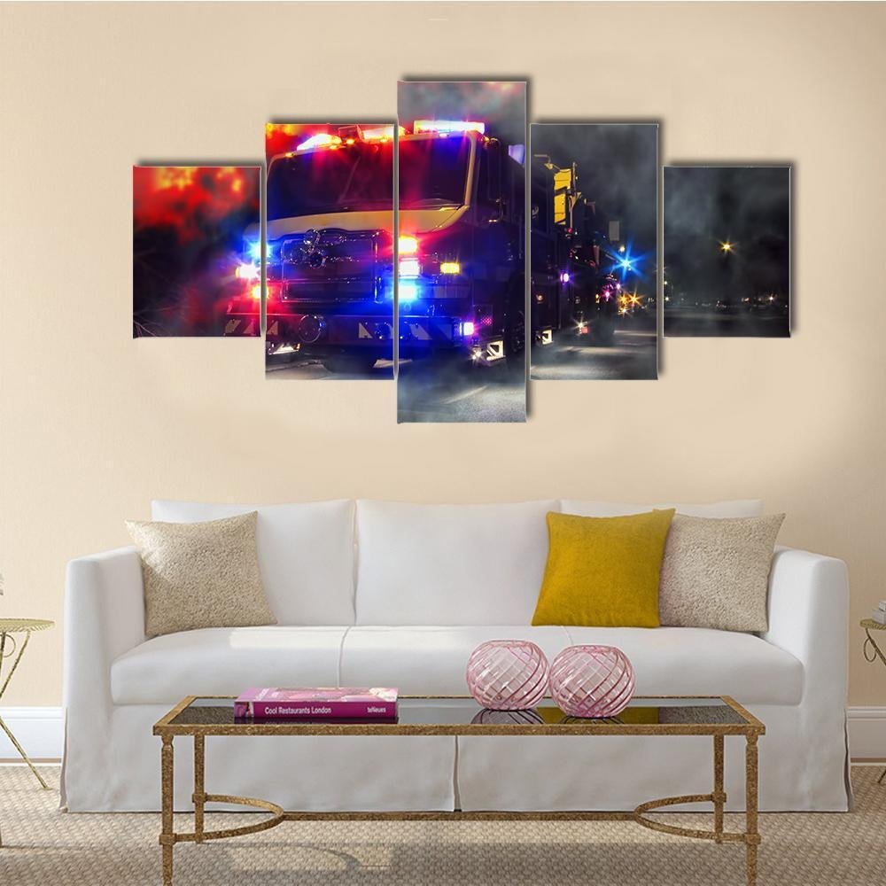 Emergency Firefighter Rescue Truck Automative 5 Panel Canvas Art Wall Decor