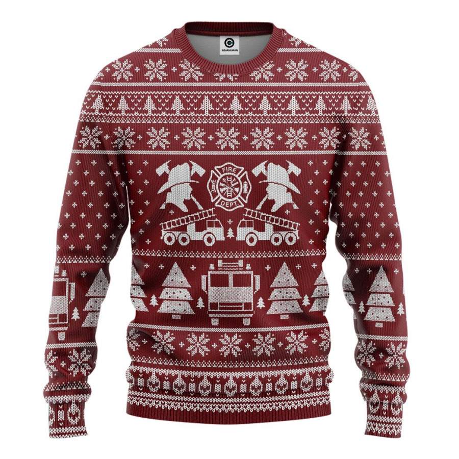 3D FIRE DEPT Firefighter Ugly Christmas Sweater Red Custom Sweatshirt Apparel