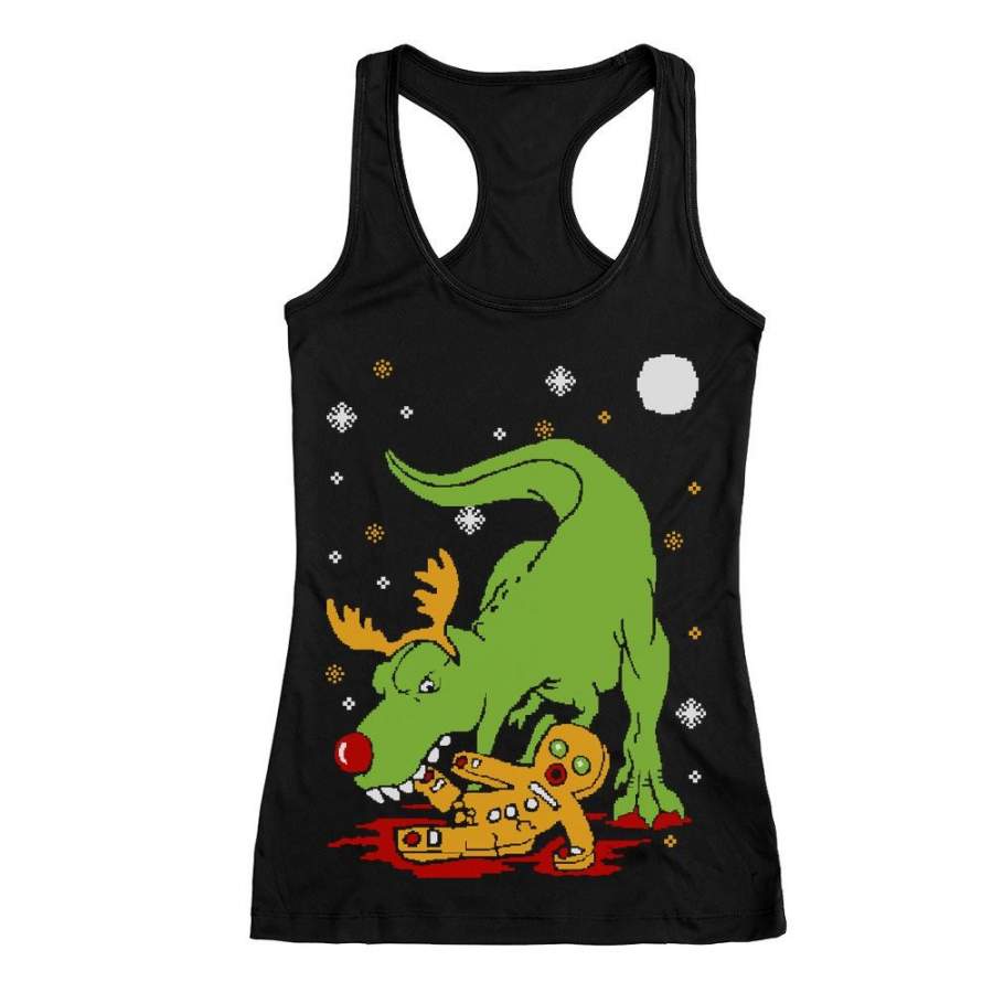 T-Rex Biting Gingerbread Ugly Christmas Racerback Tank Top