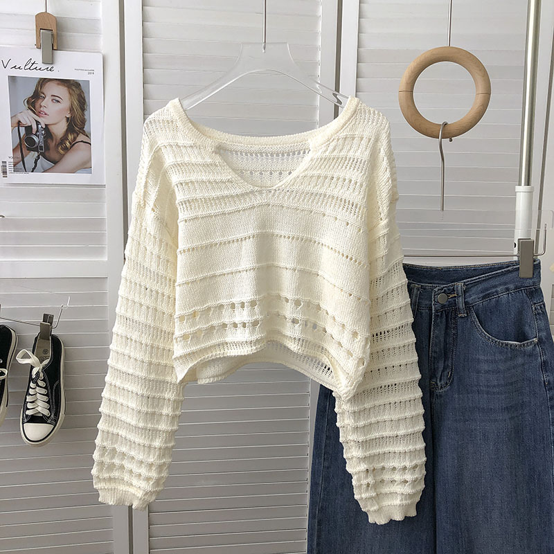 Yitimoky Sweater Women Hollow Out V Neck Crop Jumpers Korean Fashion 2022 Autumn Long Sleeve Chic Knitted Tops Y2k Pullovers alx