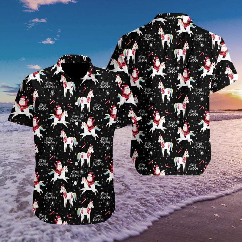 High Quality Funny Santa And Unicorn Pattern Hawaii Aloha Shirts Ha18033