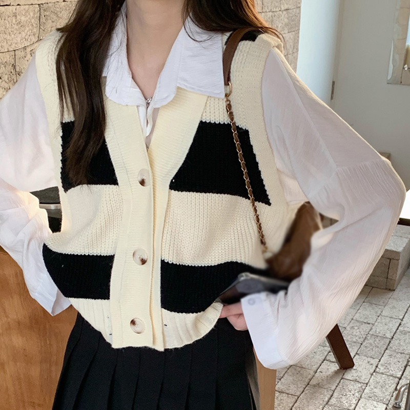 Autumn Sweater Vest Women Single Breasted Crop Knit V Neck Cardigan Vest alx