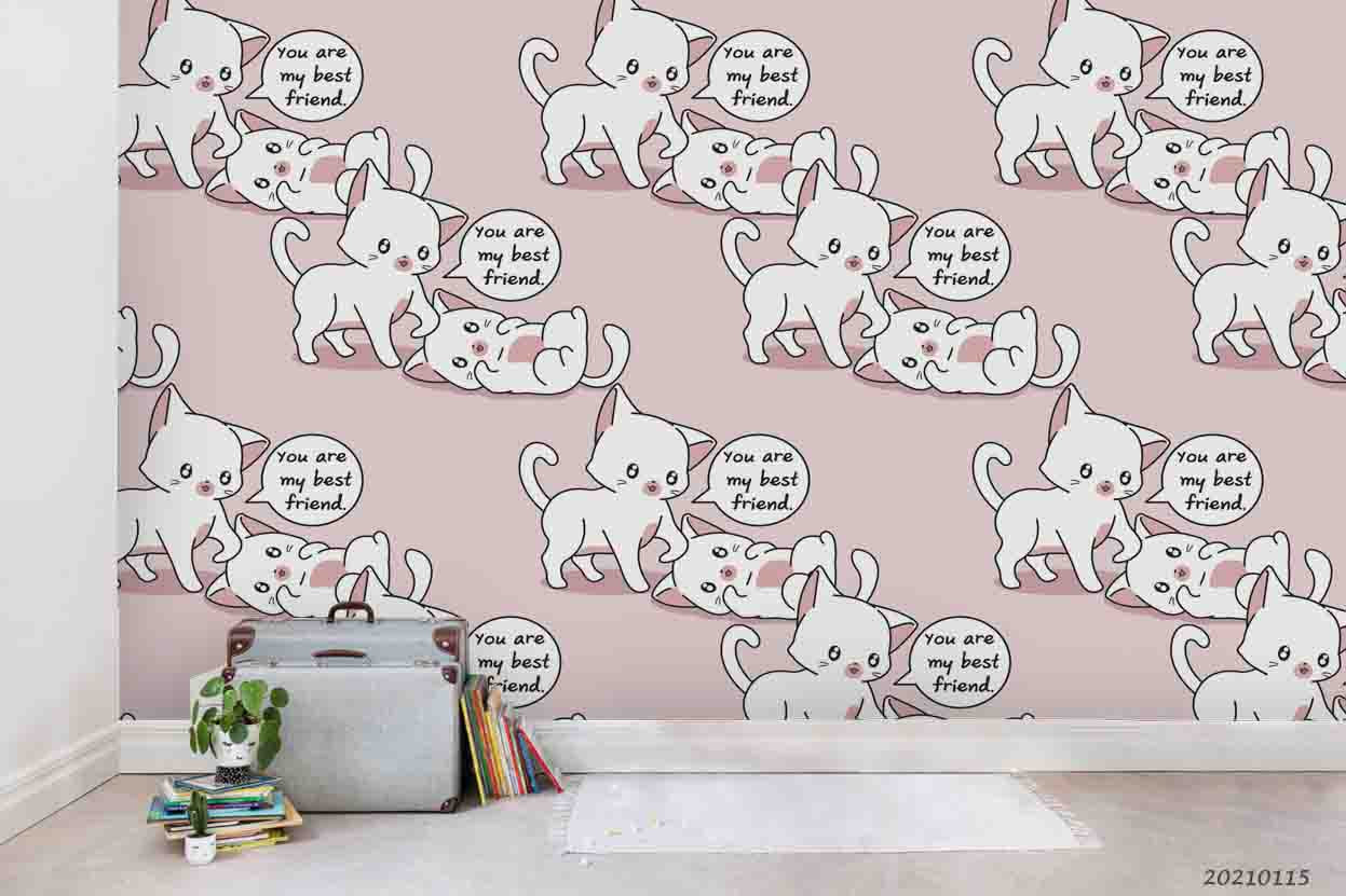 3D Cartoon Animal Cat Pink Wall Mural Wallpaper Lqh 107