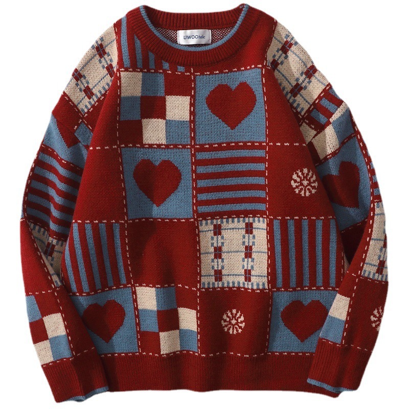 Ugly Christmas Sweater Japanese Style Love Grid Knitted Pullover Autumn Men High Street Knitting Sweater Casual O-Neck Tops alx