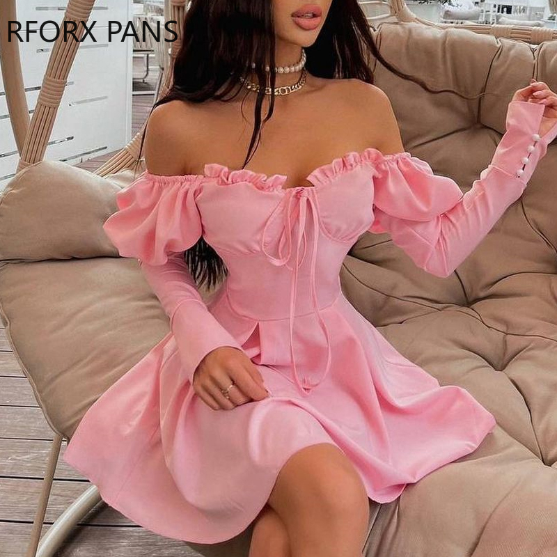 Women Solid Off Shoulder Frill Hem Strappy Mini Party Sexy Dress alx