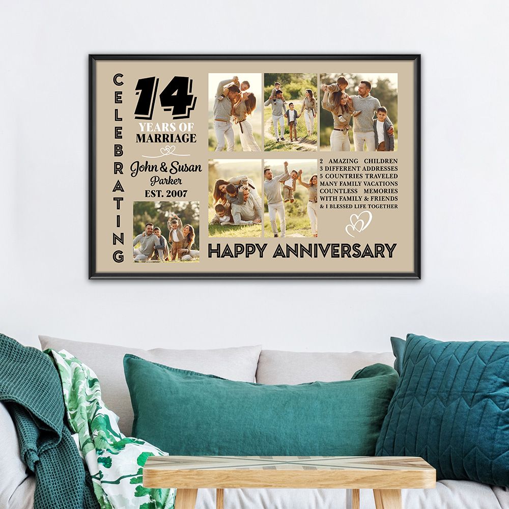 Personalized Photo, Names & Date 14Th Wedding Anniversary Gifts Poster For Couple, Husband, Him , Wife, Her