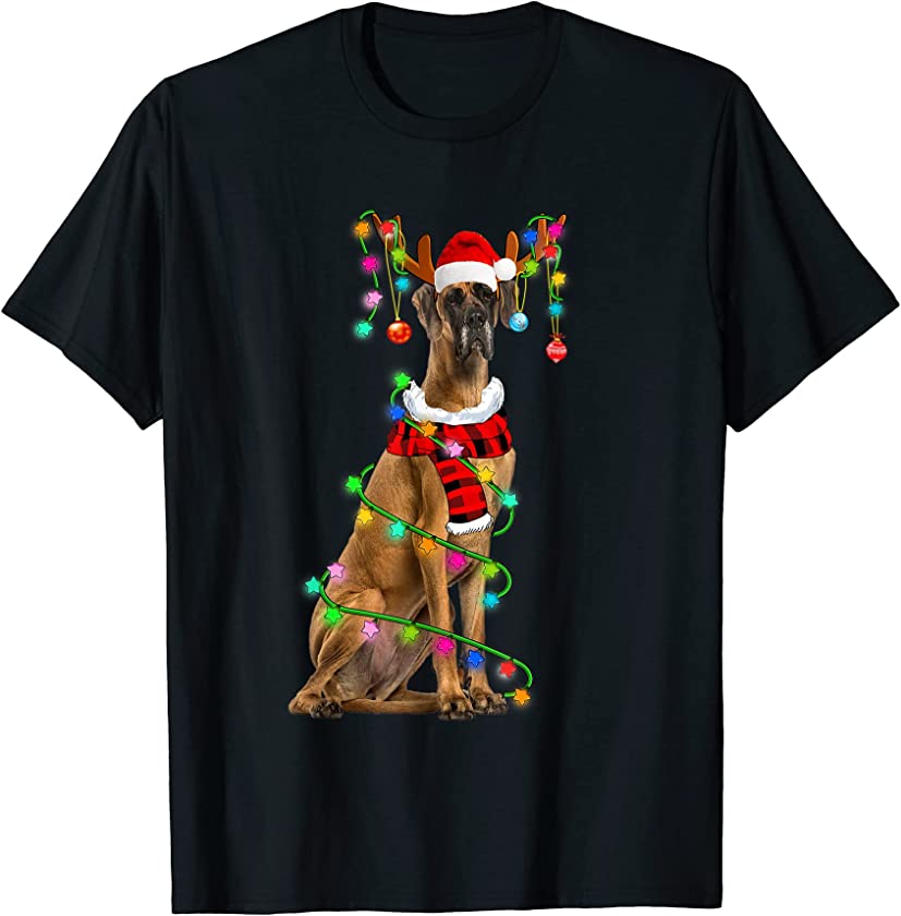 Dane Dog Santa Xmas Puppy Lover Christmas Lights T-Shirt