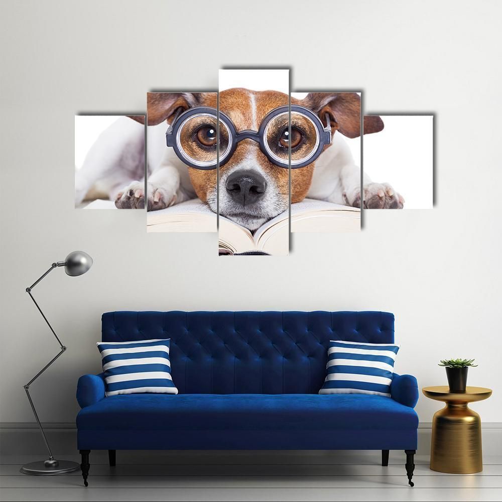 Ack Russell Dog Reading A Book With Nerd Glasses Animal 5 Panel Canvas Art Wall Decor