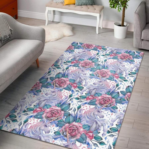 White Fairy Rose Unicorn Pattern Print Area Rug