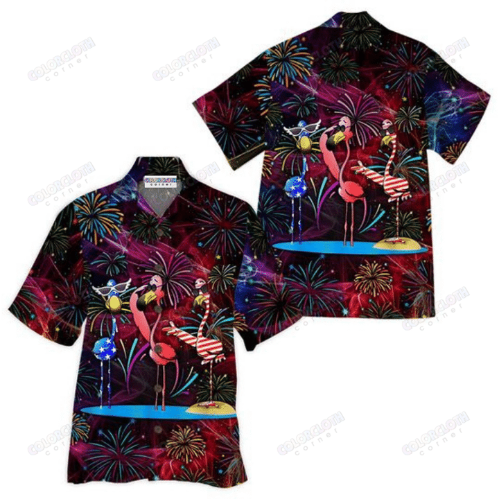 Flamingo American Fireworks Dancing Hawaii Unisex Print Aloha Short Sleeve Casual Shirt Ha95508